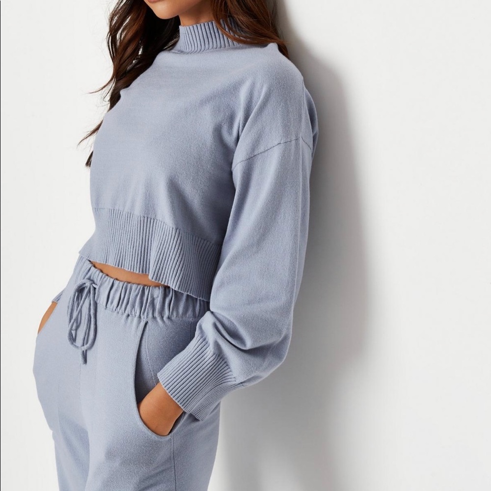 Blue Co Ord Knit Cropped Sweater and Pants Set